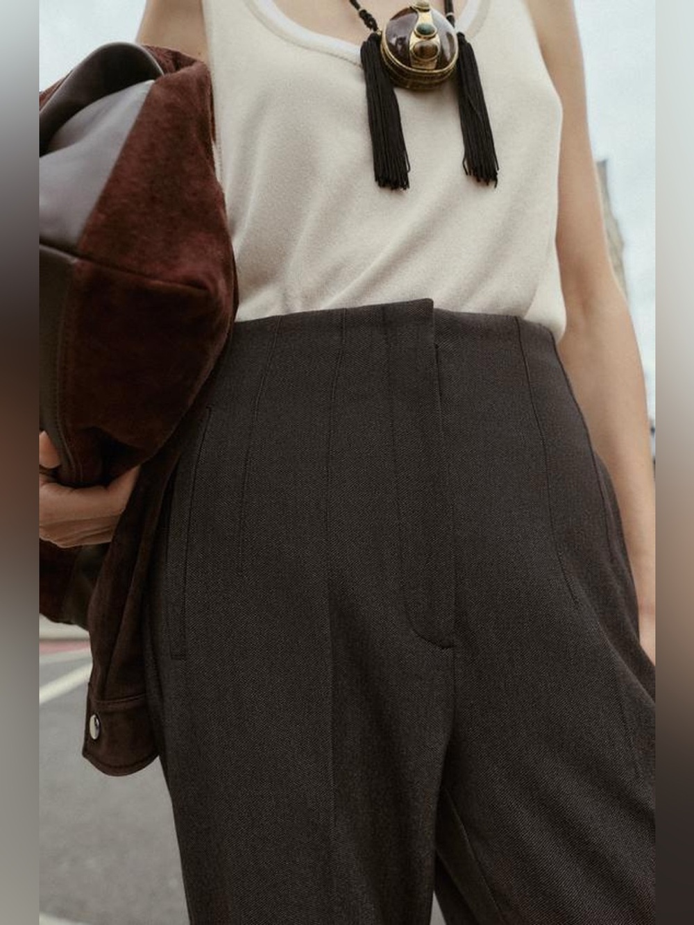 Zara High-Waist Tapered Women's Pants in Dark Brown - Picture 13 of 17